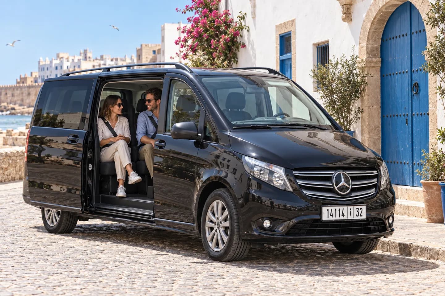 Travelers beside a van in Essaouira